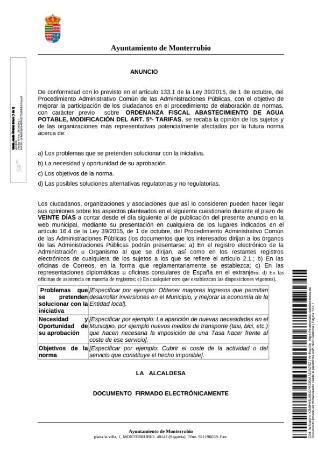 Imagen Anuncio sobre la aprobación de la ordenanza fiscal de abastecimiento de agua potable